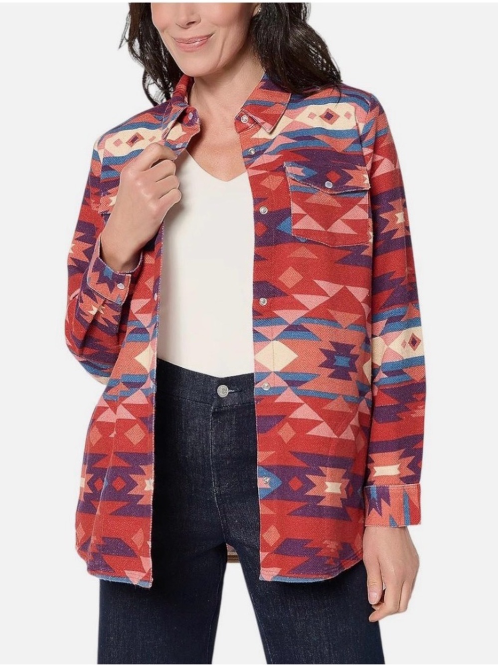 Canyon Retreat - Aztec-Print Red Utility Jacket with Button Front